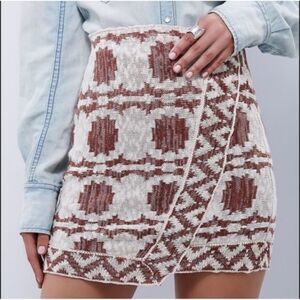 Free People Aztec Mini Knit Faux Wrap Skirt Girls Large Cream Brown Stretch EUC